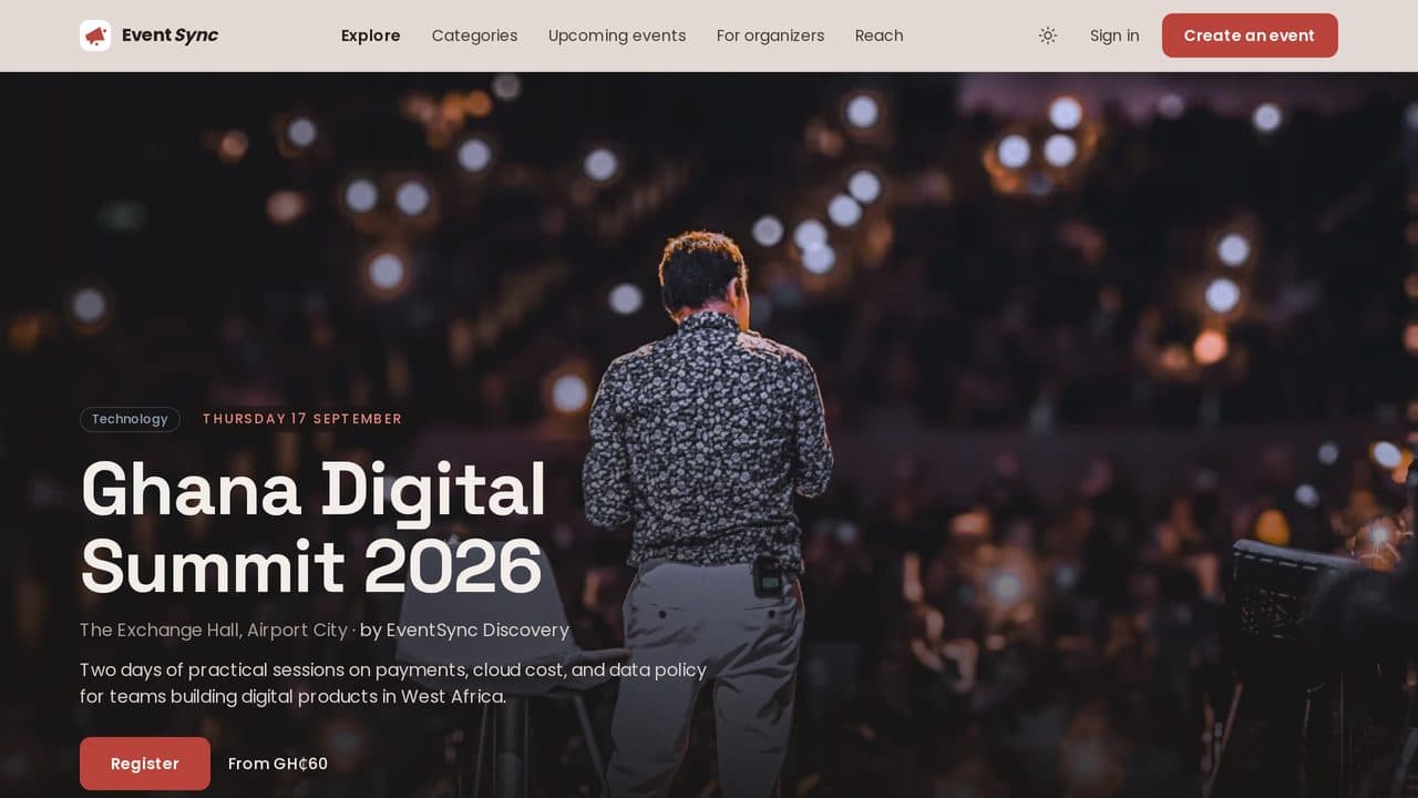 EventSync, event discovery and ticketing, running in Ghana