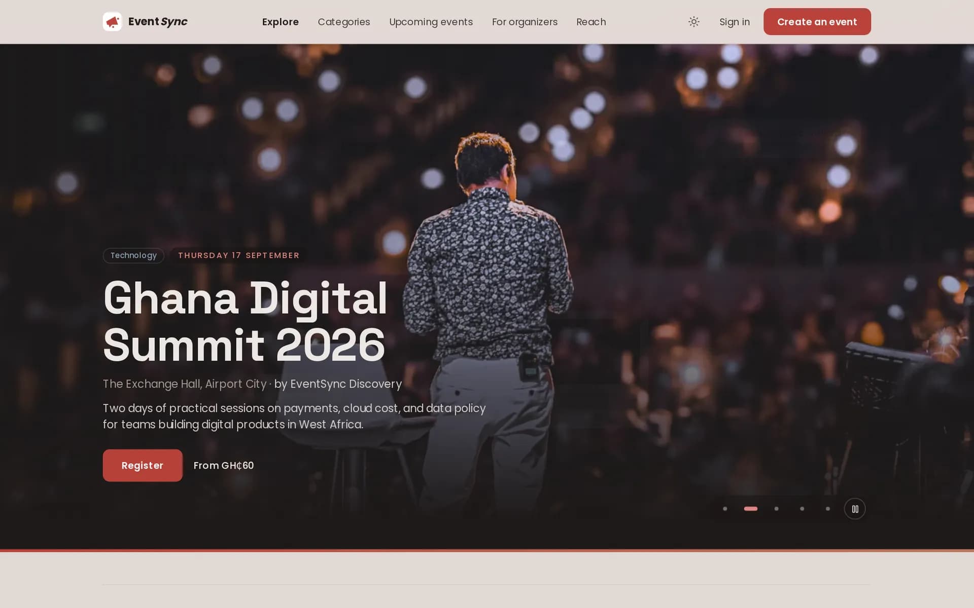 EventSync home page listing events across Ghana